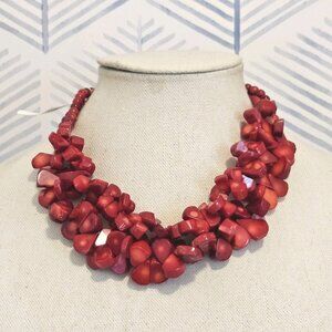 Red Stone & Dyed Freshwater Pearl Chip Beaded Layered Necklace New